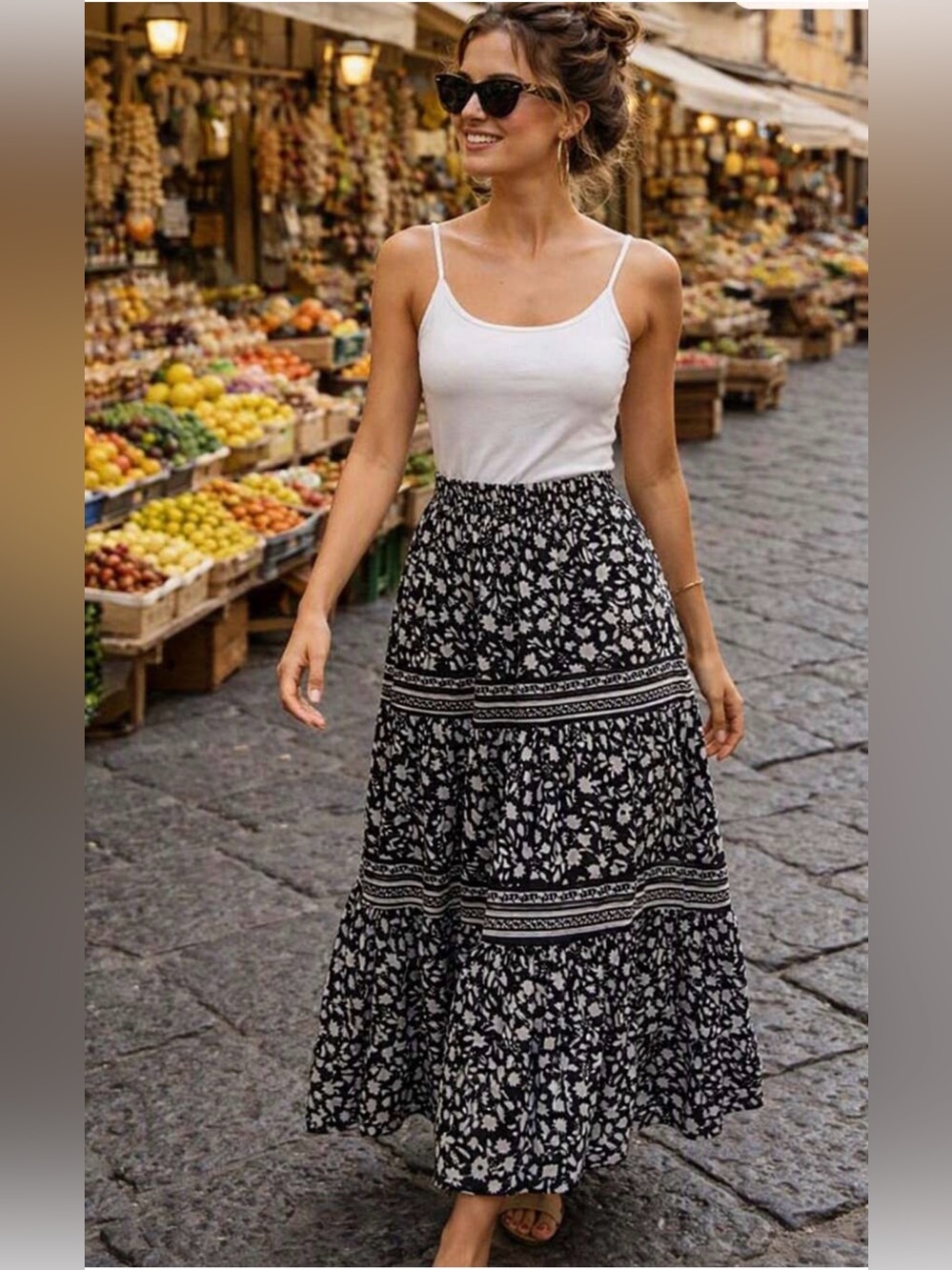 Max Studio Bohemian Black Floral Maxi Skirt - Women's Tiered Summer Skirt Small